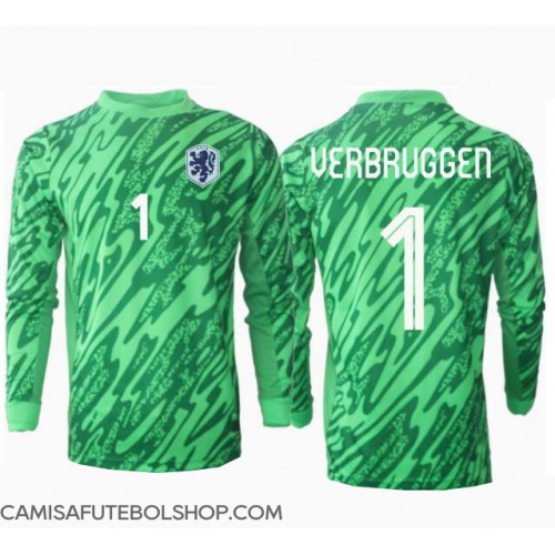 Camisa de time de futebol Holanda Bart Verbruggen #1 Goleiro Replicas 1º Equipamento Europeu 2024 Manga Comprida